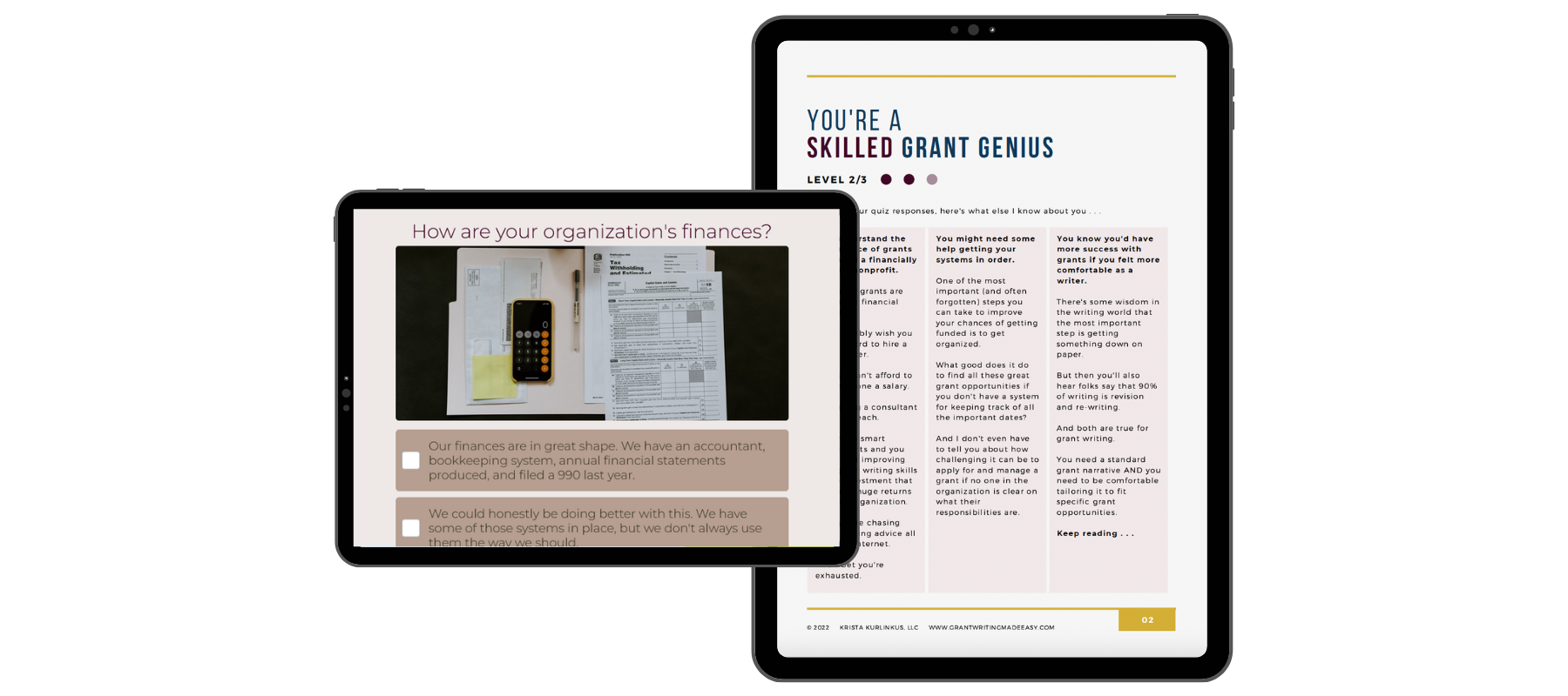 Take the Grant Writing Genius Assessment mockup of quiz and workbook download in iPad screens